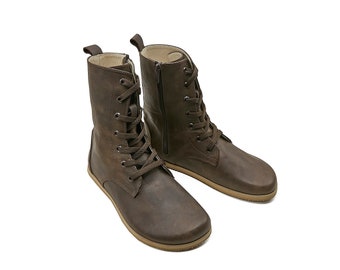 Men&#39;s Barefoot Long Brown Tie Boots - Handmade Organic Winter Boots With Zipper - Sustainable Leather Zero Drop Boots - Travel Boots