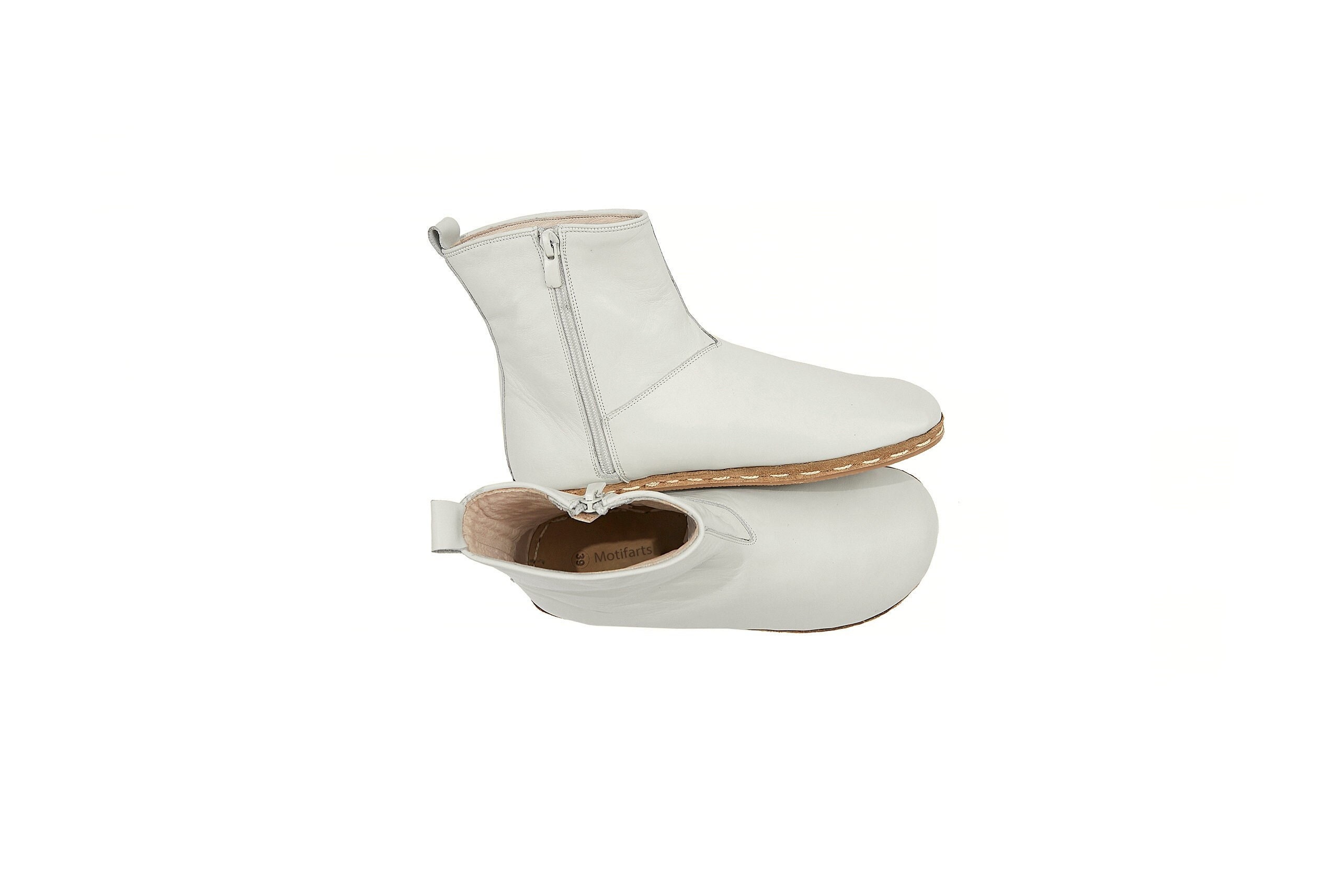 Women's Handmade Barefoot White Leather Ankle Boots With Zipper - Daily Wear Comfy Winter Boots - Wide Toe Box Boots - Zero Drop Boots