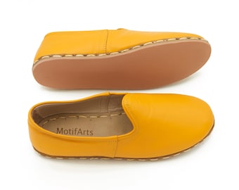 Men's Handmade Organic Leather Loafers: Turkish Mustard Yellow Slip-Ons