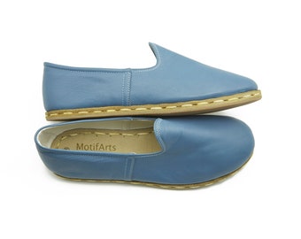 Men's Sky Blue Leather Slip-Ons: Handmade Turkish Shoes