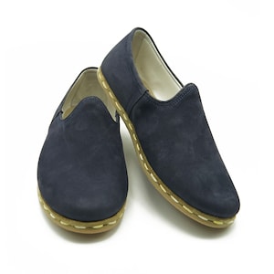 Turkish Handmade Leather Yemeni Shoes , Barefoot Navy Blue Shoes , Organic Travel Shoes , Comfy Zero Sole Shoes , Pregnant Shoes