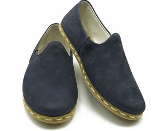 Handmade Turkish Leather Yemeni Shoes: Navy Barefoot Travel Shoes