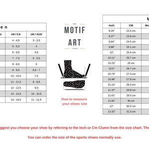 May include: A size chart for shoes with measurements in inches and centimeters. The chart includes sizes for both men and women. The chart also includes the corresponding European, US, and UK shoe sizes.