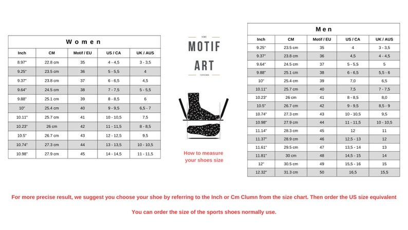 May include: A size chart for shoes with measurements in inches and centimeters. The chart includes sizes for both men and women. The chart also includes the corresponding European, US, and UK shoe sizes.