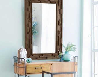 Handmade Jenga Style Wooden Wall Decor Mirror - Rectangle Medium Size Turkish Unique Home Decor Mirror