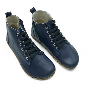 Women&#39;s Barefoot Tie Navy Blue Ankle Boots - Wide Toe Box Leather Sole Handmade Boots - Gift For Her - Daily Basis Use Winter Boots