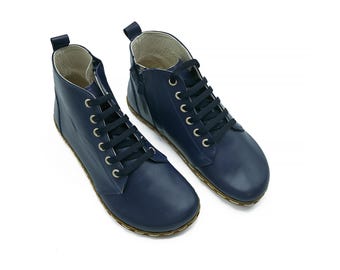 Women's Handmade Barefoot Leather Ankle Boots - Navy Blue Wide Toe