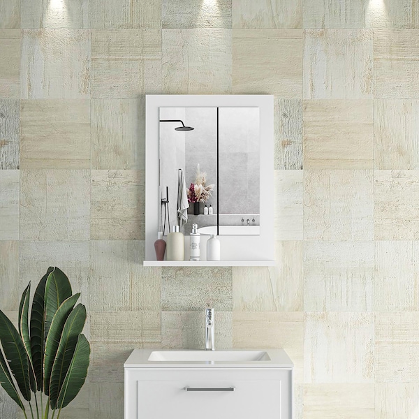 Weißer rechteckiger Wanddeko Spiegel - Badezimmerspiegel mit Ablage - Geschulter Spiegel zum Schmink -17x24 Zoll Dekorativer Spiegel