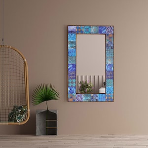 Handmade Ethnic Navy Blue Tile Ceramic Stone Large Pier Glass Mirror - Home Decor Wall Hanging Mirror - Bohemian Style Wall Decor Mirror