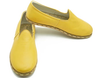 Handmade Yellow Leather Loafers: Comfy Slip-On Travel Shoes