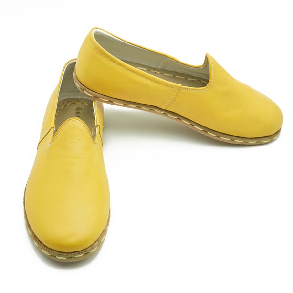 Women's Yellow Color Loafer Shoes , Handmade Genuine Leather Shoes , Comfy Slip-Ons , Travel Shoes , Zero Sole Shoes , Wedding Day Gift