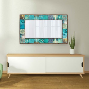 Handmade Ethnic Green Tile Ceramic Stone Medium Length Mirror - Home Decor Wall Hanging Mirror - Bohemian Wall Decor Stone Mirror