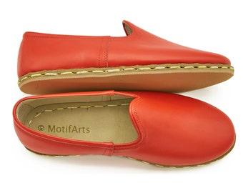Zapatos yemeníes de cuero rojo hechos a mano: zapatos turcos descalzos para viajar