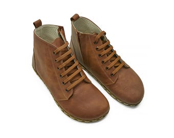 Women's Barefoot Leather Ankle Boots: Tan Wide Toe Handmade Boots