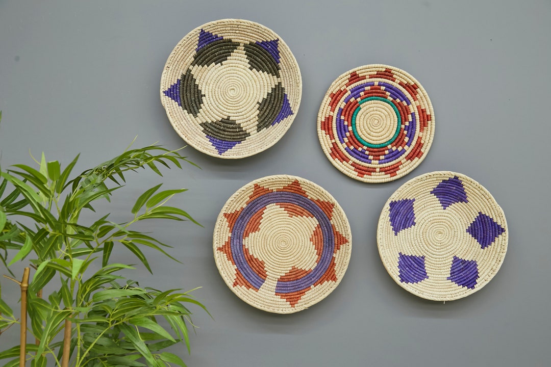 Set of 4 Wall Decor Basket , Wall Hanging Plate , Boho African Wickers