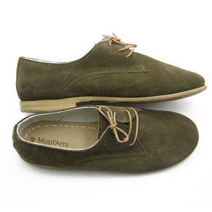 Turkish Handmade Suede Oxford Shoes , Green Color Tie Yemeni Shoes , Women&#39;s Shoes , Genuine Leather Shoes , Gift For Her , Travel Shoes
