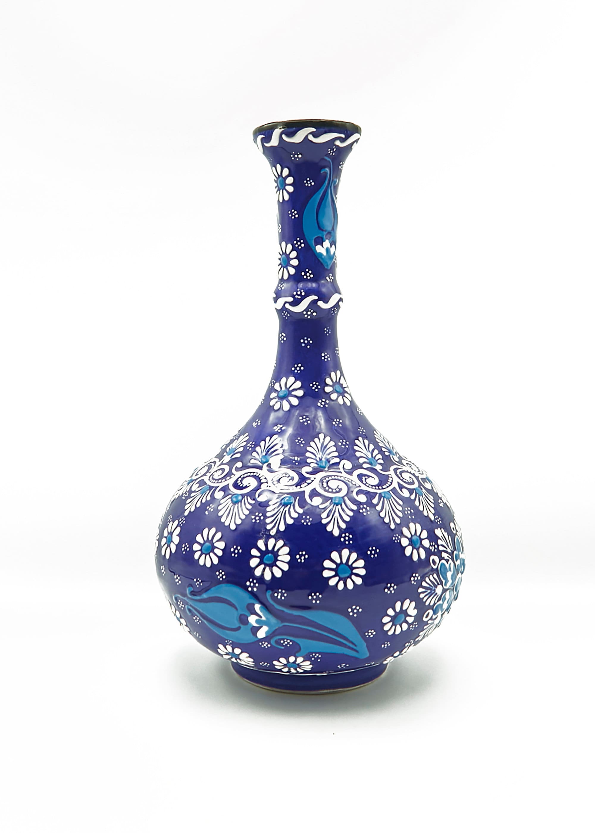 Handcrafted Turkish Ceramic Vase 12" Blue Floral Pottery