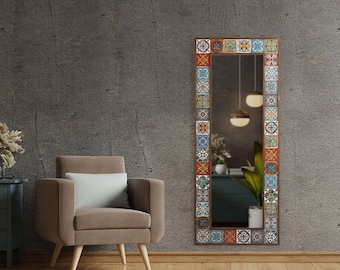 Handmade Ethnic Tile Ceramic Stone Large Pier Glass Mirror - Home Decor Wall Hanging Mirror - Bohemian Style Wall Decor Mirror