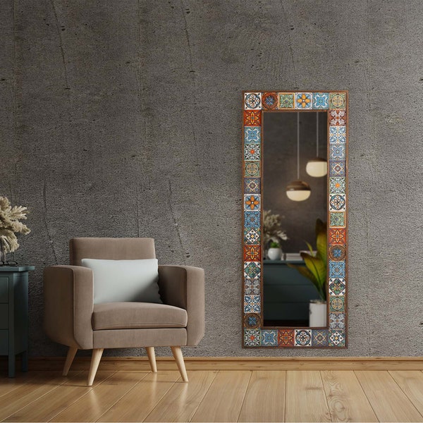 Handmade Ethnic Tile Ceramic Stone Large Pier Glass Mirror - Home Decor Wall Hanging Mirror - Bohemian Style Wall Decor Mirror