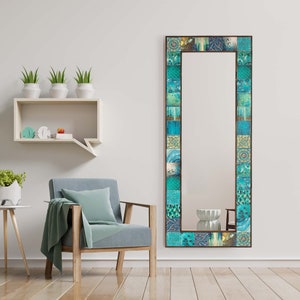 Handmade Ethnic Tile Ceramic Stone Large Pier Glass Mirror - Home Decor Wall Hanging Mirror - Bohemian Style Wall Decor Mirror