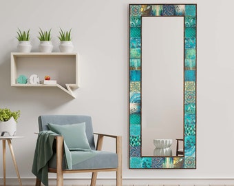 Handmade Ethnic Tile Ceramic Stone Large Pier Glass Mirror - Home Decor Wall Hanging Mirror - Bohemian Style Wall Decor Mirror