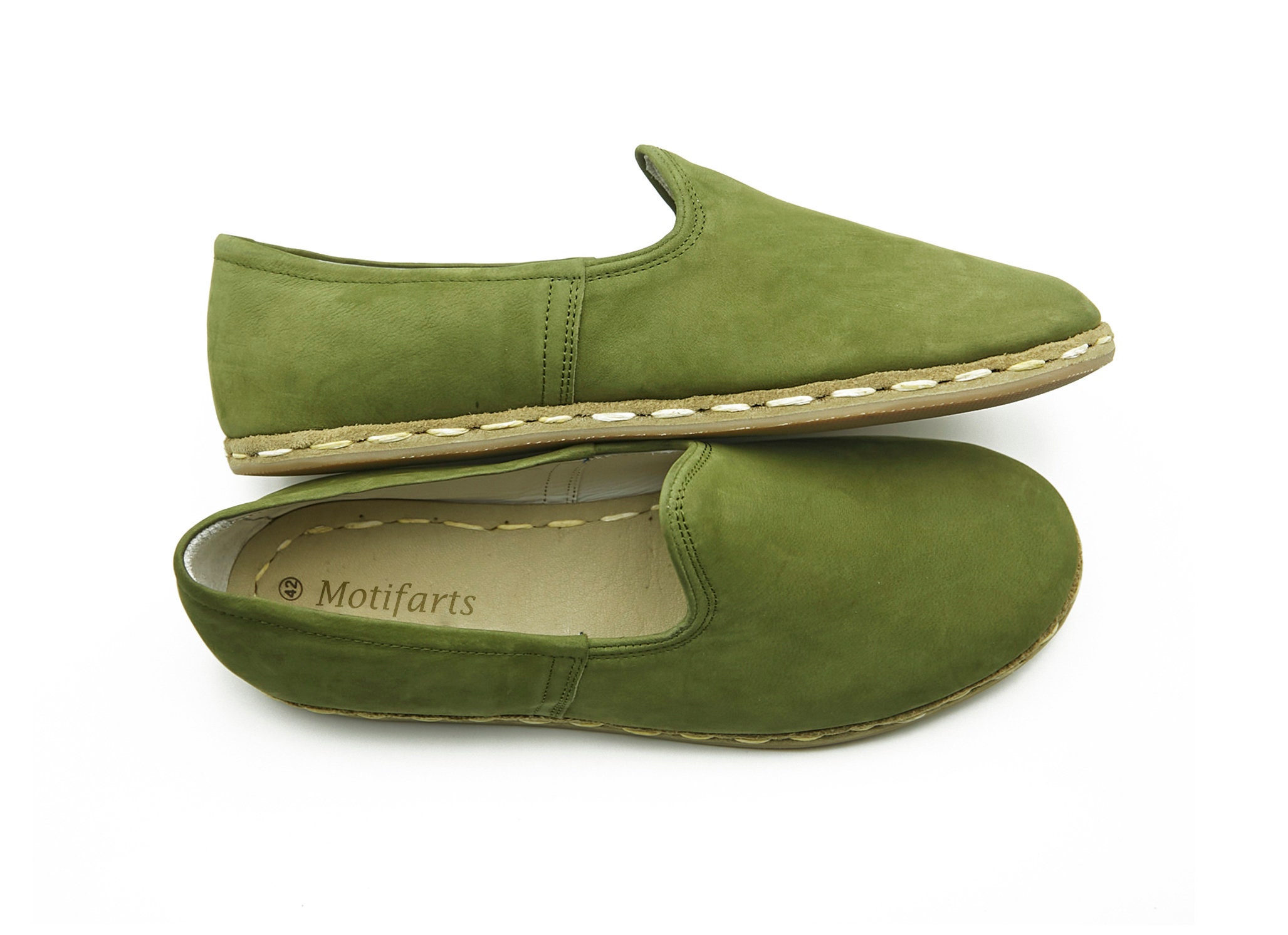 Green Nubuk Leather Yemeni Shoes: Handmade Turkish Slip-Ons
