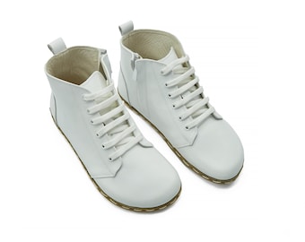 White Leather Barefoot Ankle Boots: Wide Toe, Handmade