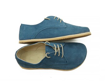 Men's Handmade Barefoot Oxford Shoes: Blue Leather Zero Drop Grounding Shoes