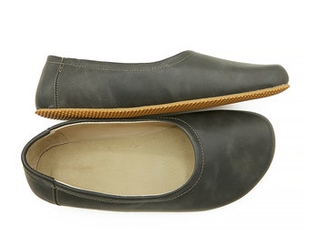 Women's Handmade Barefoot Flat Ballerinas - Asphalt Black Zero Drop Sole Shoes - Daily Use Comfy Slip-Ons - Earthing Flat Ballet Shoes