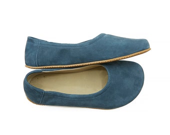 Women's Handmade Barefoot Flat Ballerinas - Nubuk Jeans Blue Zero Drop Sole Shoes - Daily Use Comfy Slip-Ons