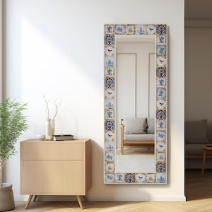 Handmade Ethnic Tile Ceramic Stone Large Pier Glass Mirror - Home Decor Wall Hanging Mirror - Bohemian Style Wall Decor Mirror