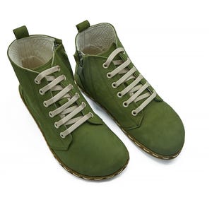 Men&#39;s Handmade Barefoot Green Leather Ankle Boots With Zipper - Comfy Winter Tie Booty - Wide Toe Box Boots - Zero Drop Boots