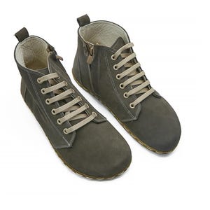Women&#39;s Barefoot Tie Nubuck Gray Ankle Boots - Wide Toe Box Leather Sole Handmade Boots - Gift For Her - Daily Basis Use Winter Boots
