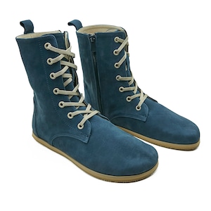 Men&#39;s Barefoot Long Nubuck Blue Tie Boots - Handmade Organic Winter Boots With Zipper - Sustainable Leather Zero Drop Boots - Travel Boots