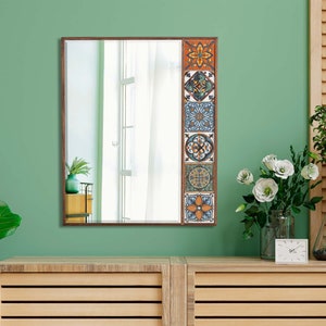 Handmade Ethnic Tile Ceramic Stone Mirror - Home Decor Wall Hanging Mirror - Bohemian Style Wall Decor Mirror