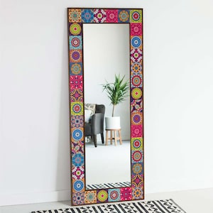 Handmade Ethnic Tile Ceramic Stone Large Pier Glass Mirror - Home Decor Wall Hanging Mirror - Bohemian Style Wall Decor Mirror