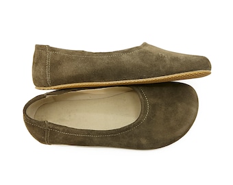 Damen Handgefertigte Barfuß Flache Ballerinas - Wildleder Grün Zero Drop Sole Schuhe - Täglicher Gebrauch Bequeme Slip-Ons