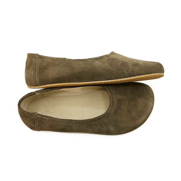 Women's Handmade Barefoot Flat Ballerinas - Suede Green Zero Drop Sole Shoes - Daily Use Comfy Slip-Ons