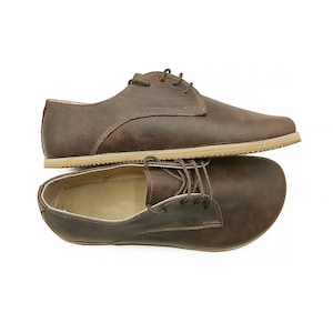 Men's Handmade Barefoot Brown Oxford Shoes - Zero Drop Sole Leather Daily Comfy Shoes - Wide Toe Box Grounding Shoes