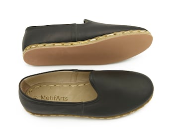 Men&#39;s Black Color Loafer Shoes , Handmade Genuine Leather Shoes , Comfy Slip-Ons , Travel Shoes , Zero Sole Shoes , Organic Shoes