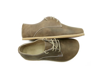 Zapatos Oxford grises descalzos hechos a mano para hombre - Zapatos cómodos diarios de cuero con suela de caída cero - Zapatos de conexión a tierra con puntera ancha