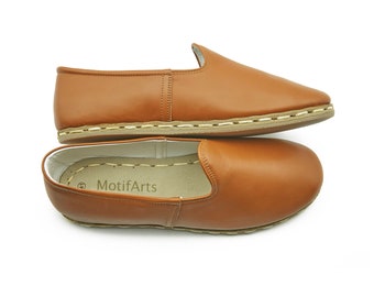 Men's Tan Leather Slip-Ons: Handmade Turkish Yemeni Shoes