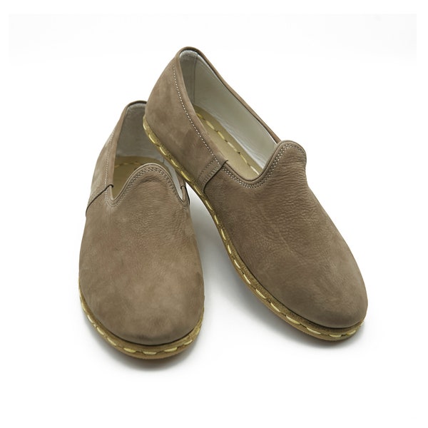 Gray Nubuk Shoes , Men's Shoes , Turkish Handmade Leather Yemeni Slip-Ons , Barefoot Shoes , Organic Shoes , Boho Shoes, Travel Shoes