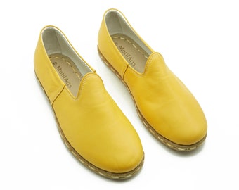 Handmade Turkish Leather Loafers, Men&#39;s Natural Slip-Ons, Yellow Color Yemeni Shoes, Barefoot Shoes , Traditional Shoes , Gift for Him