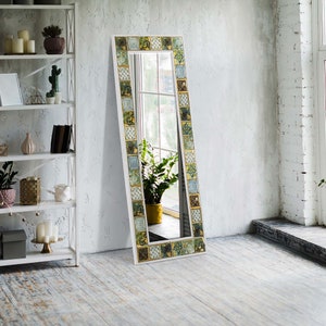 Handmade Ethnic Tile Ceramic Stone Large Pier Glass Mirror - Home Decor Wall Hanging Mirror - Bohemian Style Wall Decor Mirror
