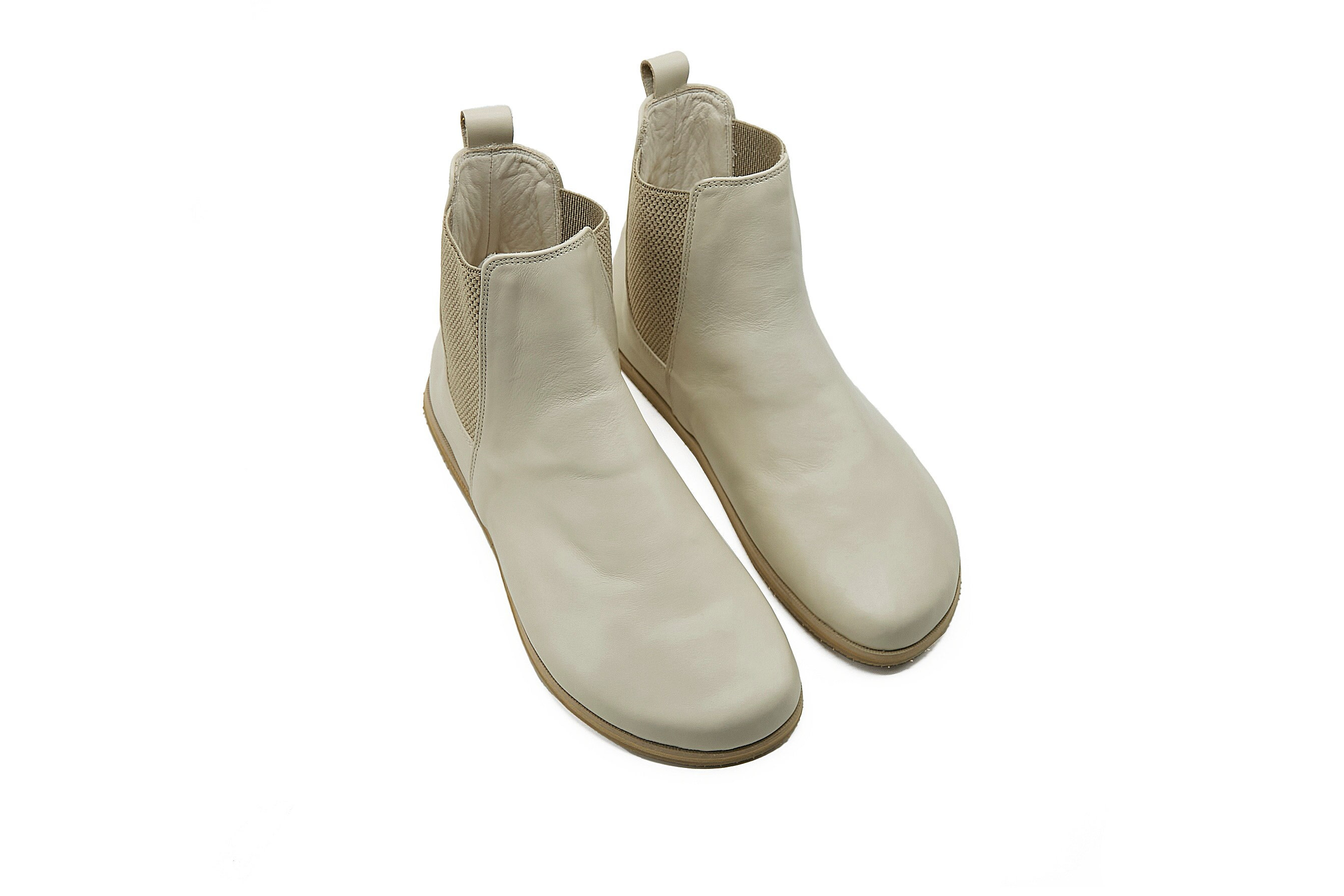 Men's Handmade Cream Leather Barefoot Chelsea Boots: Wide Toe, Zero Drop