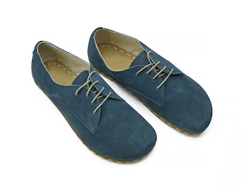 Men's Handmade Barefoot Blue Oxford Shoes - Zero Drop Sole Leather Daily Comfy Shoes