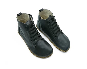 Women's Handmade Leather Barefoot Boots: Black Ankle Tie