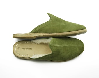 Men's Green Color Shearling Slippers , Trendy Slip-Ons , Handmade Leather Slip-Ons , Organic Slippers , Zero Drop Sole Slippers
