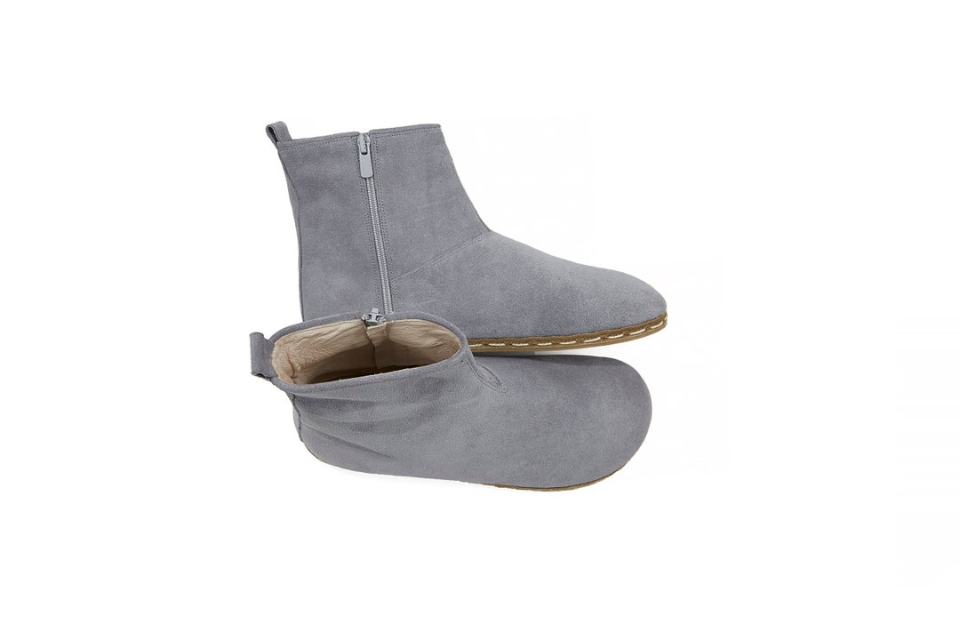 Men's Handmade Barefoot Suede Gray Ankle Boots With Zipper Daily Wear
